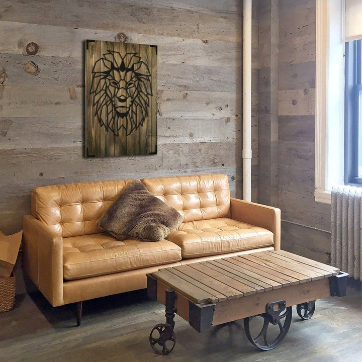Modernes Holz Wandbild mit LÃ¶wen Motiv.