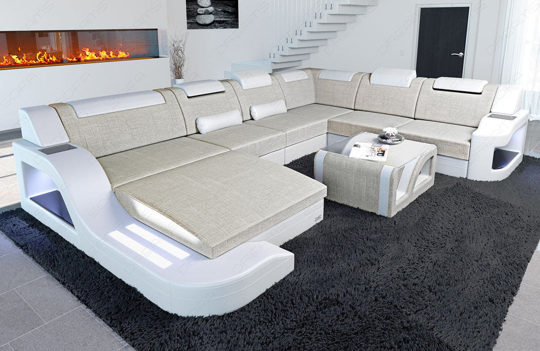 Design Polster Wohnlandschaft Palermo XXL in elfenbein - Hugo1 Strukturstoff