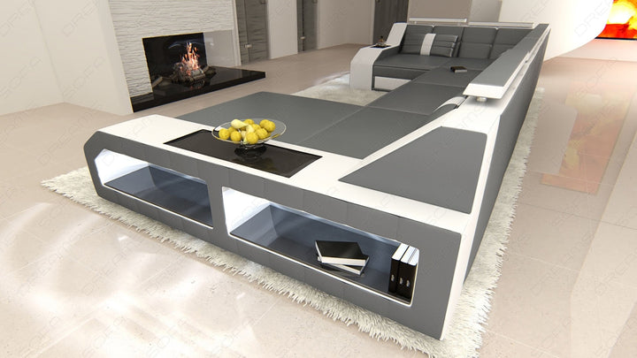 Luxus Ledersofa Arezzo U Form in grau-weiÃŸ mit Ottomane
