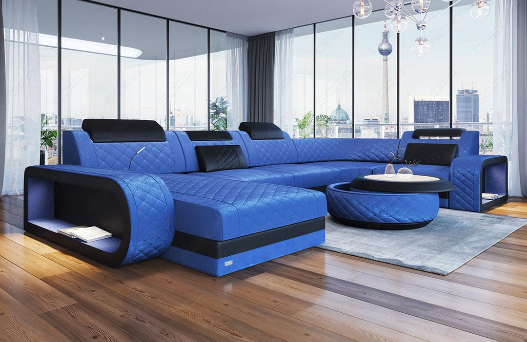 Sofa Berlin U Form in Stoff als Stoffsofa Mini in blau - SunVelvet1027