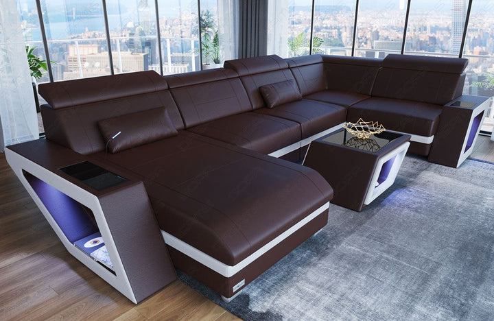Mini U Form Ledersofa Catania mit LED Beleuchtung und USB in dunkelbraun - weiss