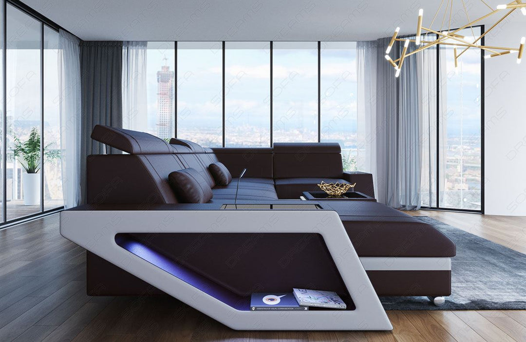 Mini U Form Ledersofa Catania mit LED Beleuchtung und USB in weiss - schwarz