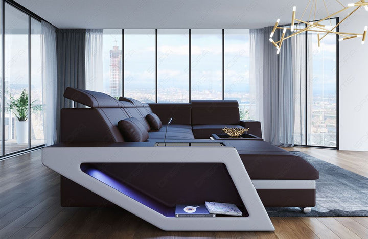 Mini U Form Ledersofa Catania mit LED Beleuchtung und USB in weiss - schwarz