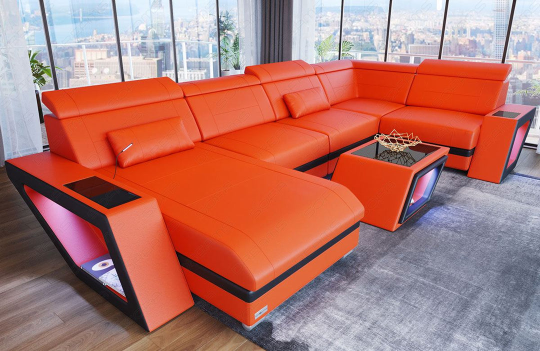 Leder Wohnlandschaft Catania in orange - schwarz