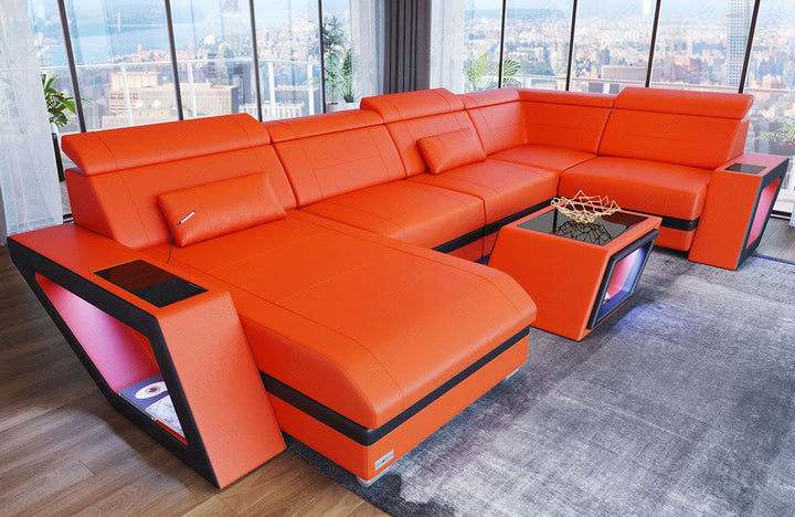 Leder Wohnlandschaft Catania in orange - schwarz