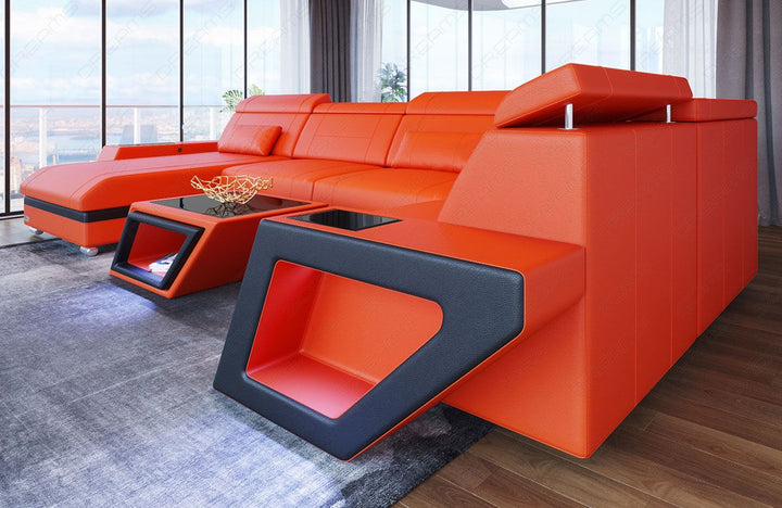 Leder Wohnlandschaft Catania in orange - schwarz