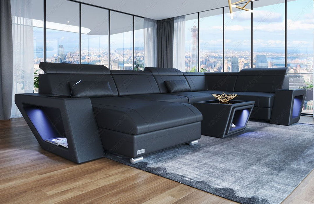 Mini U Form Ledersofa Catania mit LED Beleuchtung und USB in schwarz