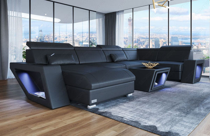 Mini U Form Ledersofa Catania mit LED Beleuchtung und USB in schwarz