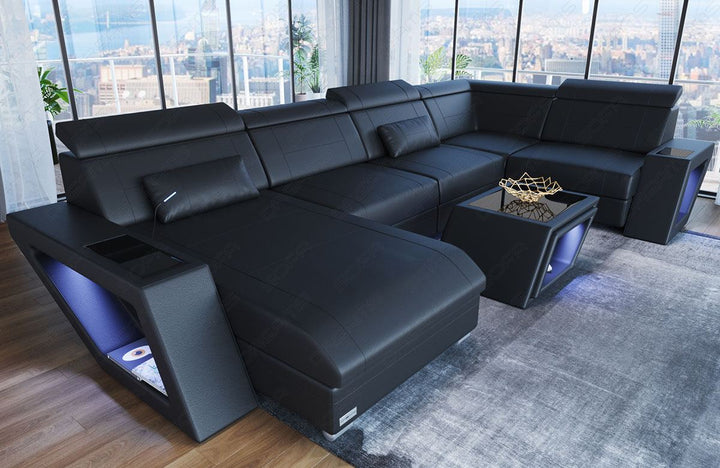 Mini U Form Ledersofa Catania mit LED Beleuchtung und USB in schwarz