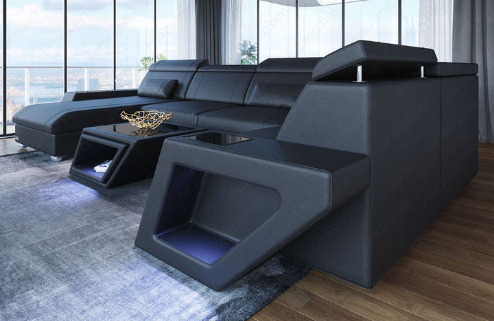 Mini U Form Ledersofa Catania mit LED Beleuchtung und USB in schwarz