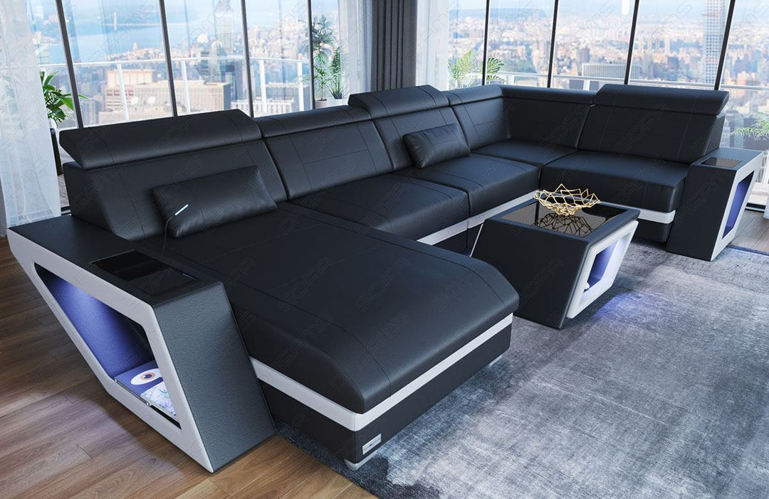 Mini U Form Ledersofa Catania mit LED Beleuchtung und USB in schwarz - weiss