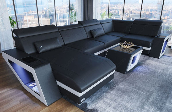 Mini U Form Ledersofa Catania mit LED Beleuchtung und USB in schwarz - weiss
