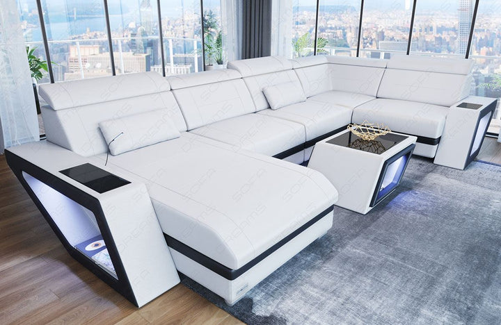 Mini U Form Ledersofa Catania mit LED Beleuchtung und USB in weiss - schwarz