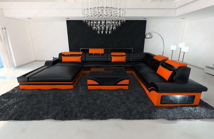 Exklusive Wohnlandschaft Mezzo u Form als XXL in schwarz-orange