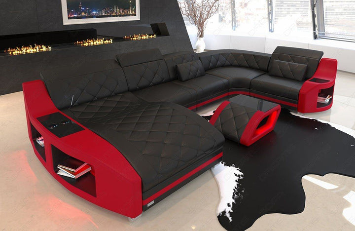Ledersofa Swing in der Mini U Form mit LED in schwarz - rot