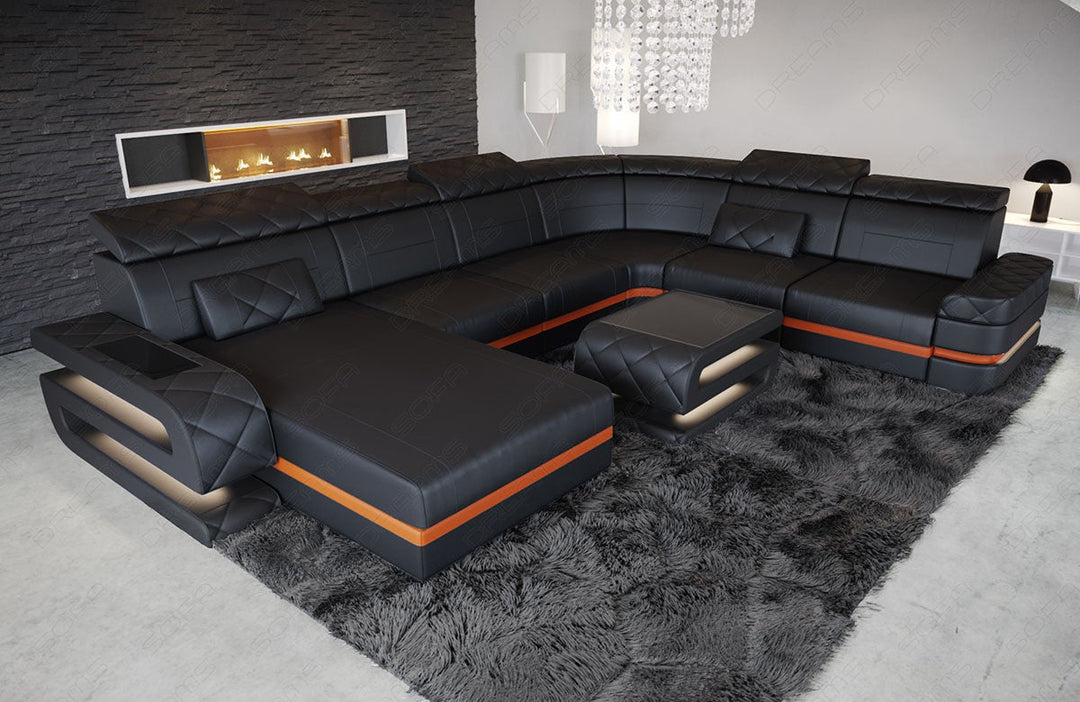 Ledersofa Bologna XXL als Mini Version mit LED Licht in schwarz-orange - Couchtisch optional erhÃ¤ltlich