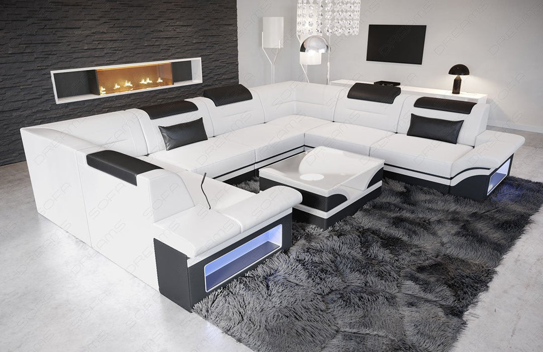 Leder Wohnlandschaft Brianza U Form in weiss - schwarz