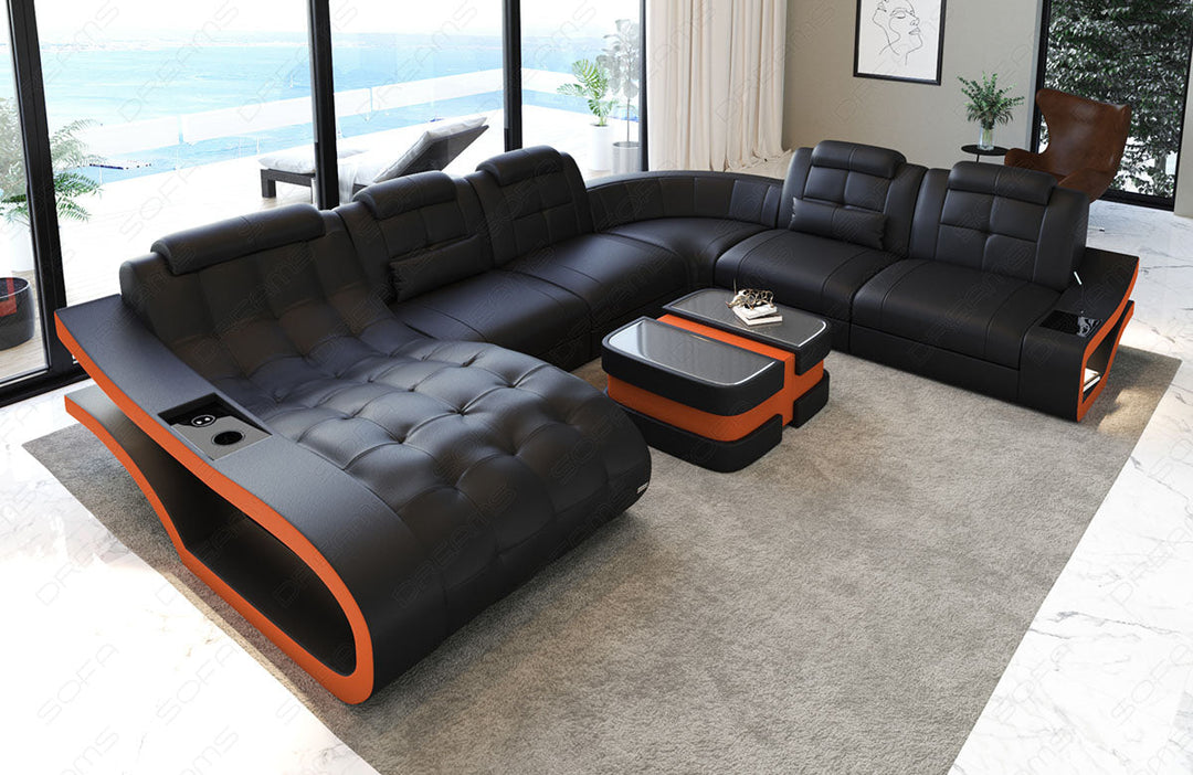 XXL Ledersofa Elegante als Mini Version mit Licht und USB in schwarz-orange