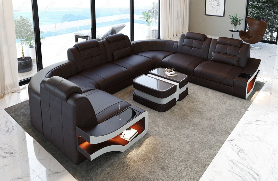 Moderne Ledersofa Wohnlandschaft Elena U Form in dunkelbraun-weiÃŸ