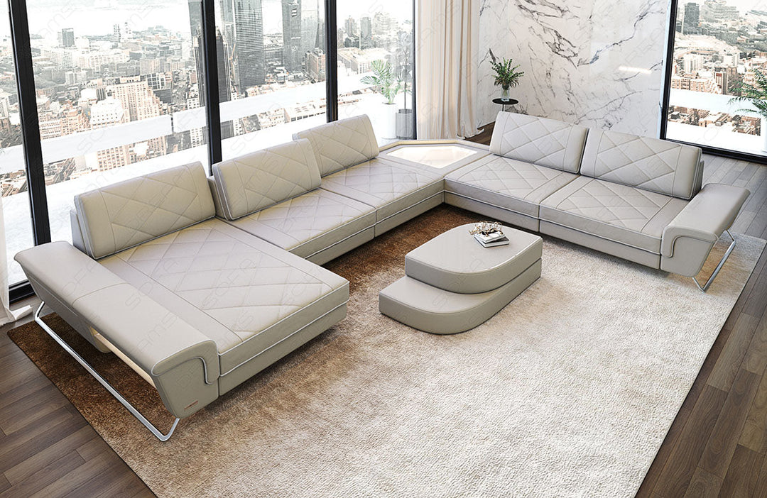 XXL Leder Wohnlandschaft Ferrara in beige-weiÃŸ