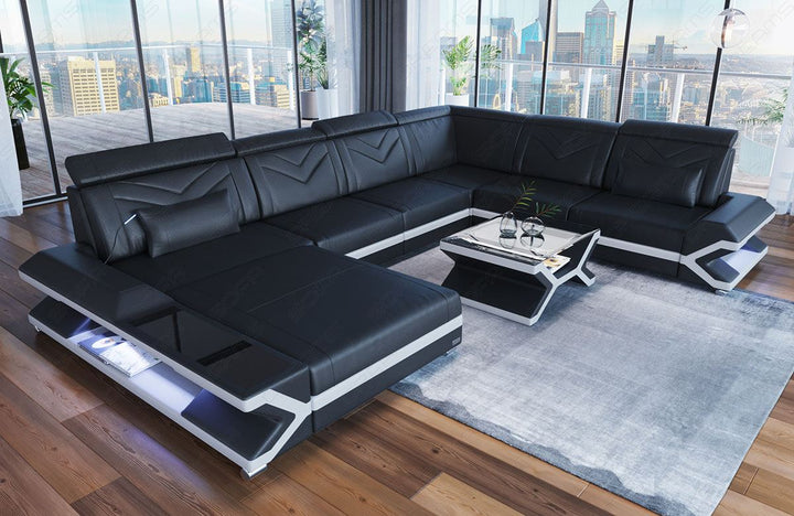 XXL Ledersofa Napoli in der Mini U Form in Leder schwarz-weiss