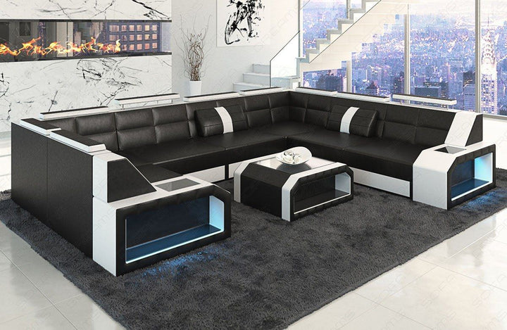 Leder Ecksofa Pesaro mit LED Beleuchtung schwarz-weiss