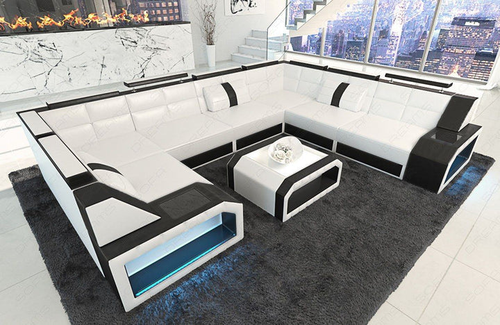 Ledercouch Pesaro mit LED Beleuchtung weiss-schwarz