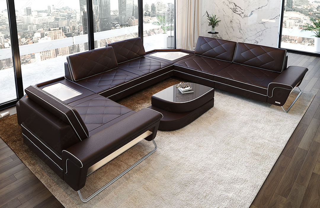 Design Leder Wohnlandschaft Sepino U Form in dunkelbraun-weiÃŸ