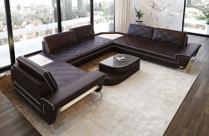 Design Leder Wohnlandschaft Sepino U Form in dunkelbraun-weiÃŸ