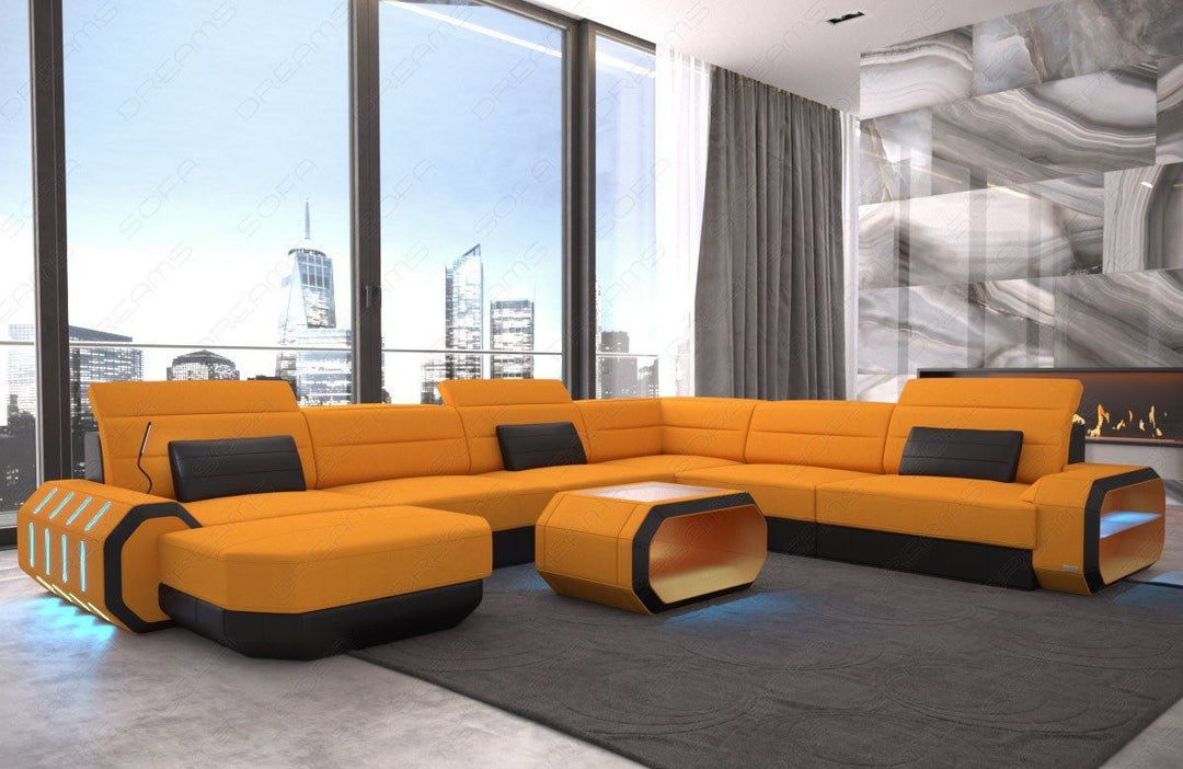 XXL Stoffsofa Roma U Form Sofa Mini mit LED in apricot - Mineva16 Mikrofaser Stoff