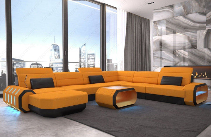 XXL Stoffsofa Roma U Form Sofa Mini mit LED in apricot - Mineva16 Mikrofaser Stoff
