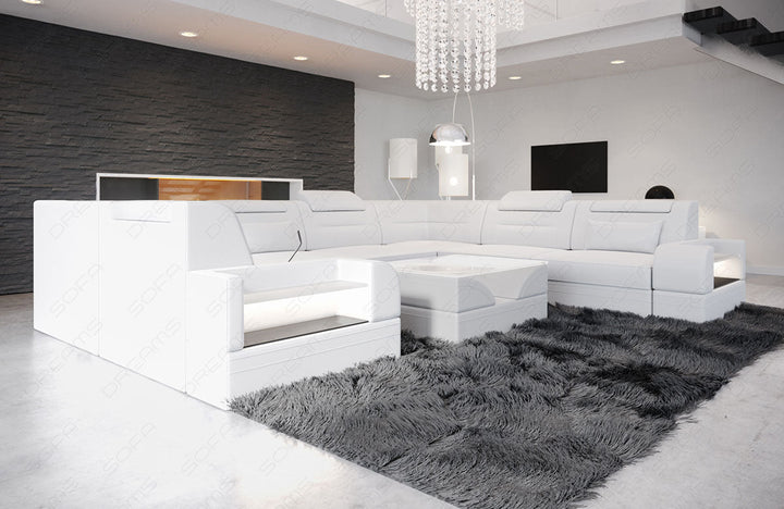 U Form Ledersofa Trivento Mini mit Beleuchtung in weiÃŸ