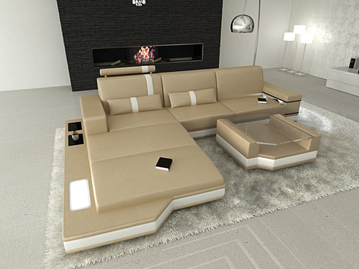 Ledersofa Messana L Form Mini mit Beleuchtung in sandbeige-weiss