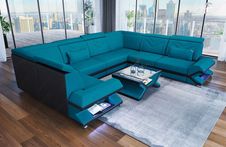 Sofa Sorrento mit Stoffbezug als Mini U Form Mikrofaser in azurblau - Mineva 23