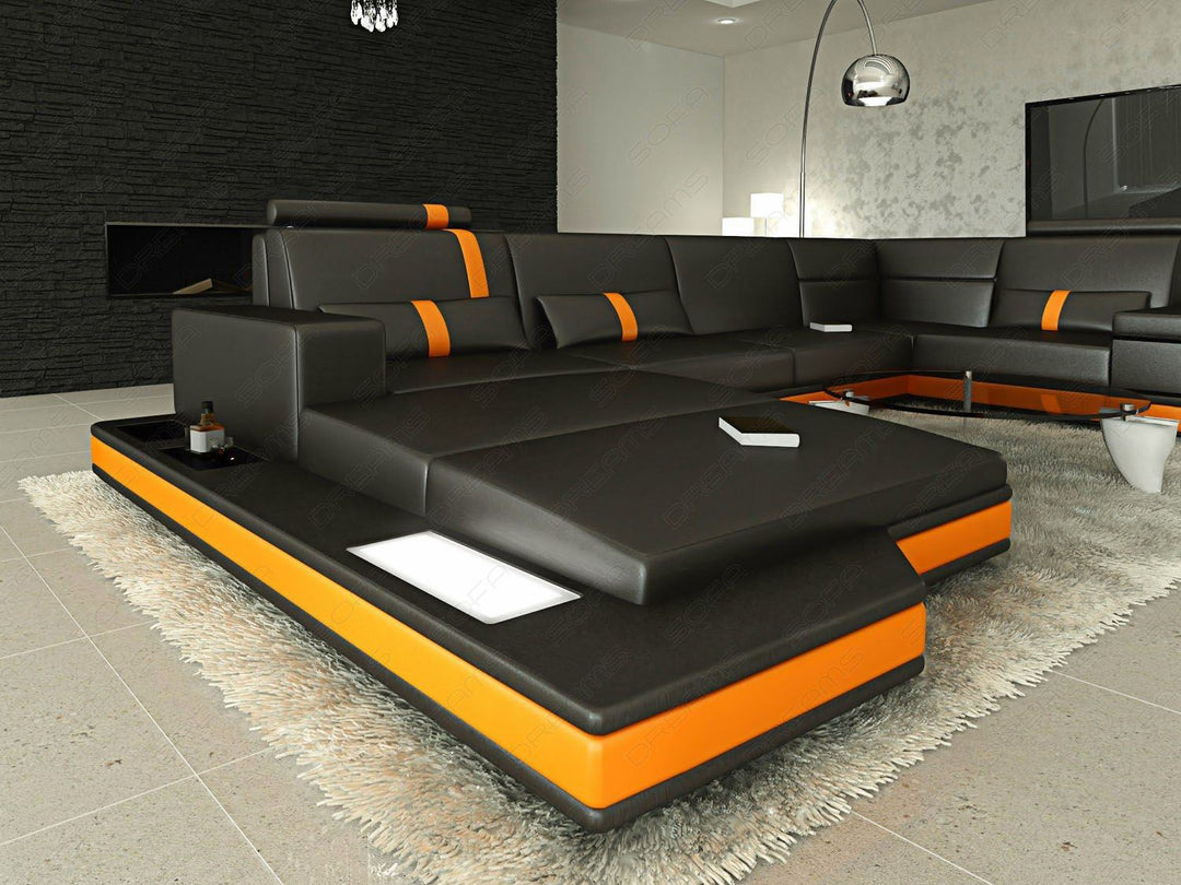 U Form Ledersofa Messana Mini in den Farben schwarz-orange