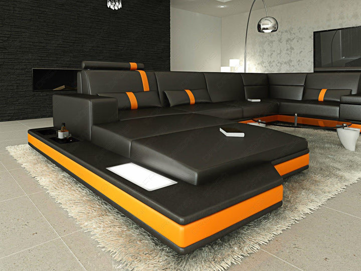 U Form Ledersofa Messana Mini in den Farben schwarz-orange