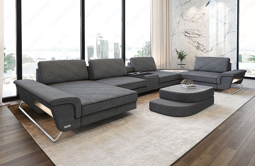 Design Polster Wohnlandschaft Ferrara U Form in grau - Hugo5 Strukturstoff