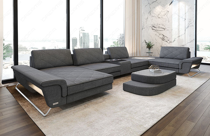 Design Polster Wohnlandschaft Ferrara U Form in grau - Hugo5 Strukturstoff