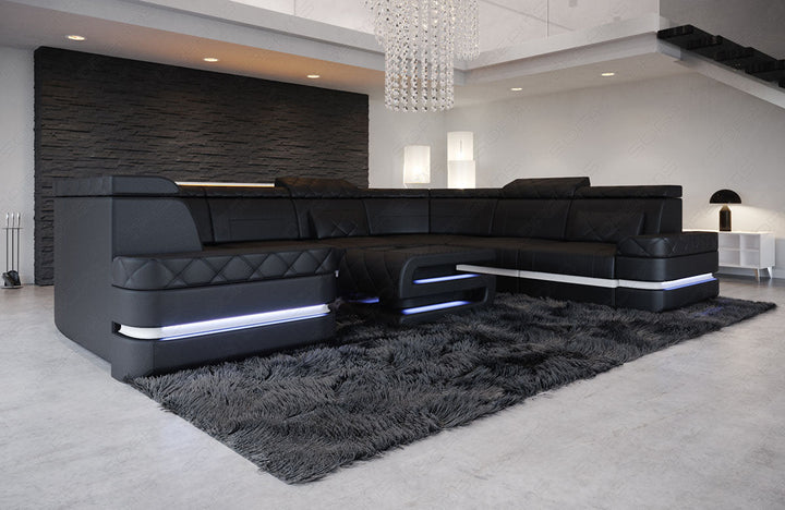 U Form Mini Ledersofa Positano in Schwarz - WeiÃŸ