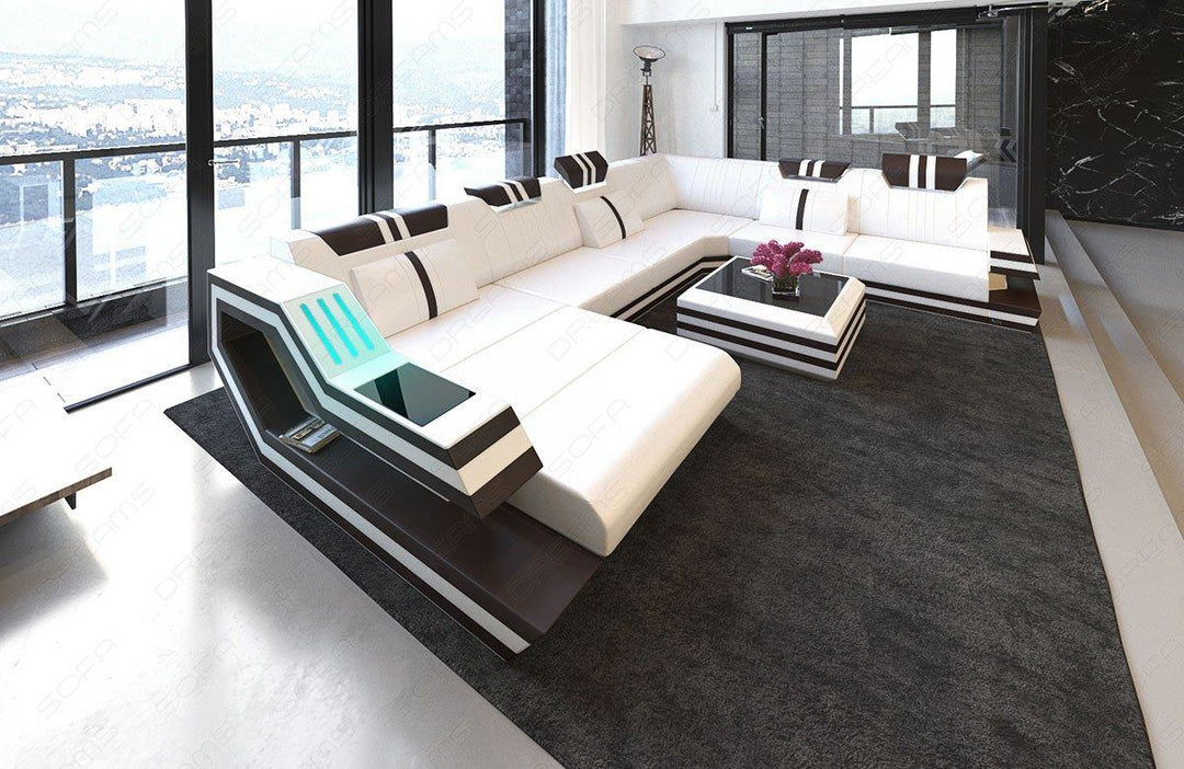 Ledercouch Ravenna in XXL mit LED und USB in weiss-schwarz
