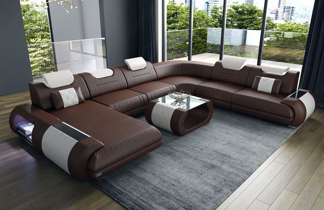 Leder Wohnlandschaft Rimini XL in dunkelbraun - weiss