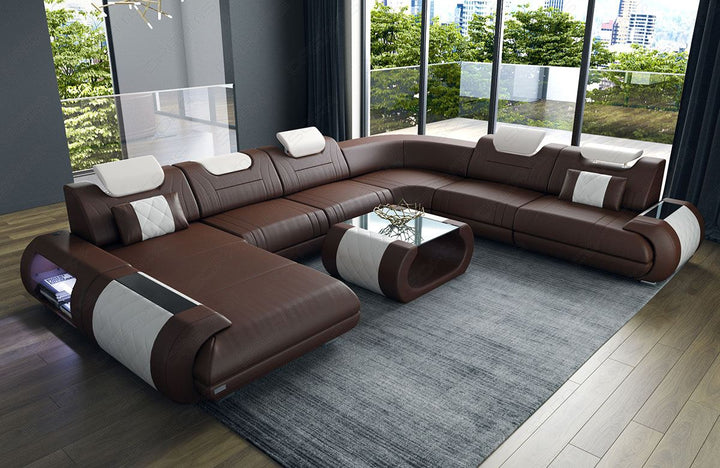 Leder Wohnlandschaft Rimini XL in dunkelbraun - weiss