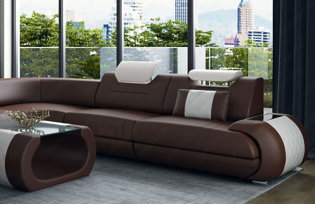 Leder Wohnlandschaft Rimini XL in dunkelbraun - weiss