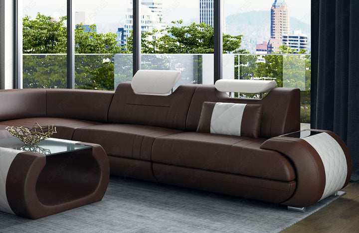 Leder Wohnlandschaft Rimini XL in dunkelbraun - weiss