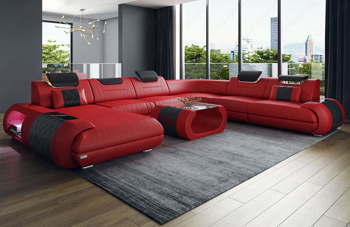 Leder Wohnlandschaft Rimini XL in rot - schwarz