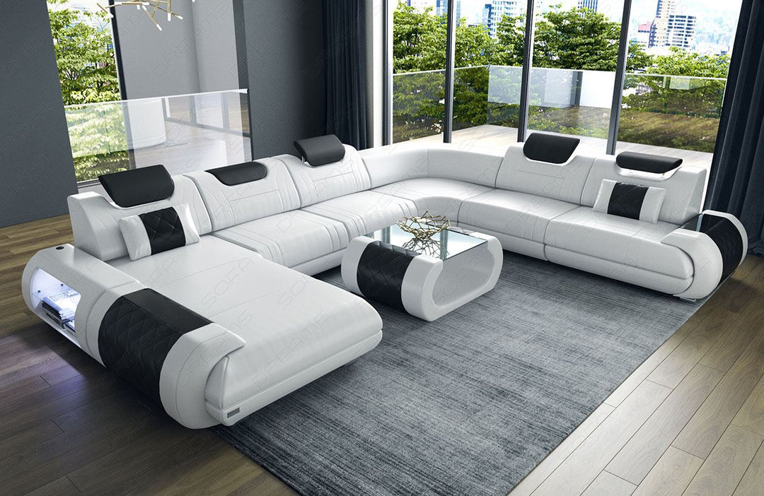 Leder Wohnlandschaft Rimini XL in weiss - schwarz