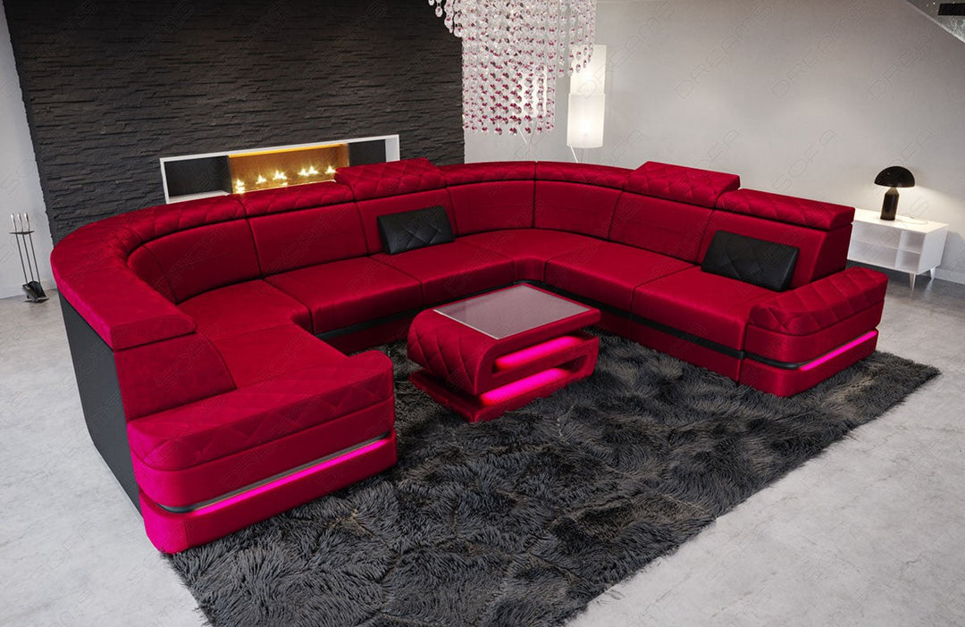 Samtstoff Wohnlandschaft Positano U Form in rot - SunVelvet1010 - Nebenfarbe schwarz
