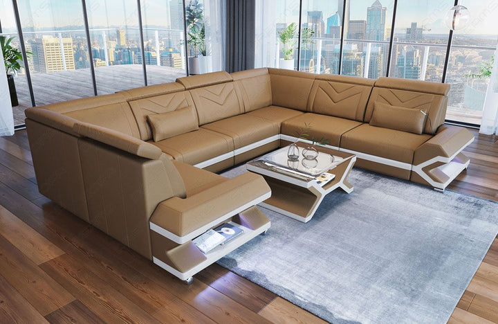 Mini Ledersofa Sorrento U Form mit LED und USB in sandbeige - weiss
