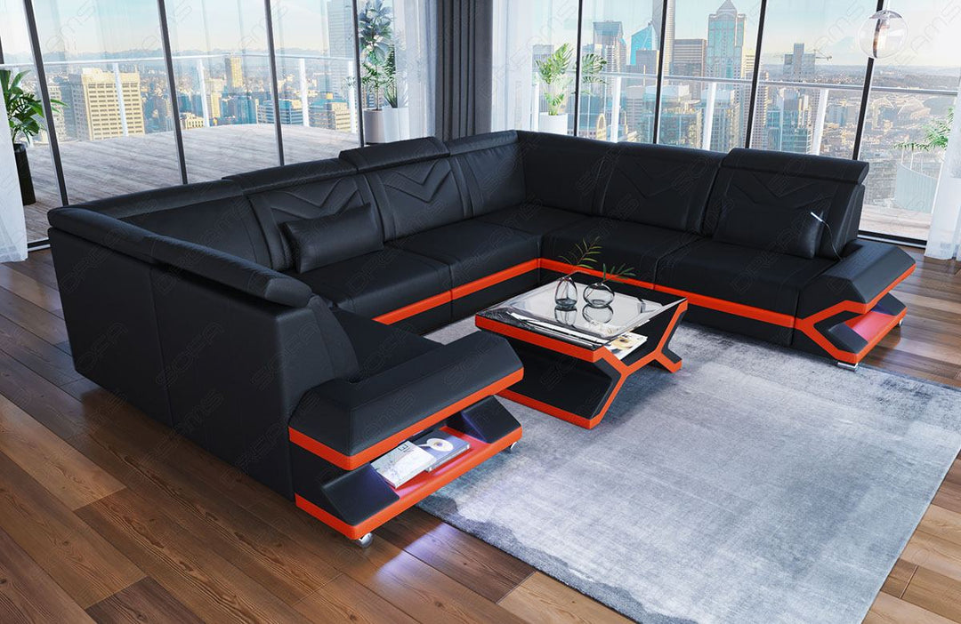 Mini Ledersofa Sorrento U Form mit LED und USB in schwarz - orange