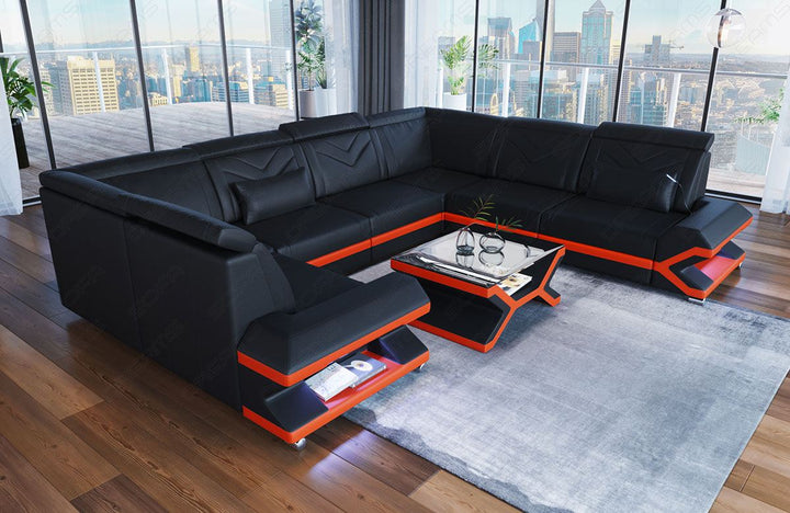Mini Ledersofa Sorrento U Form mit LED und USB in schwarz - orange